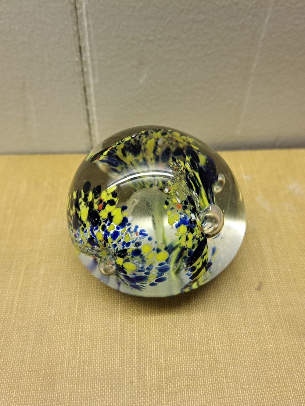 Handblown Glass Art Paperweight - Yellow & Blue